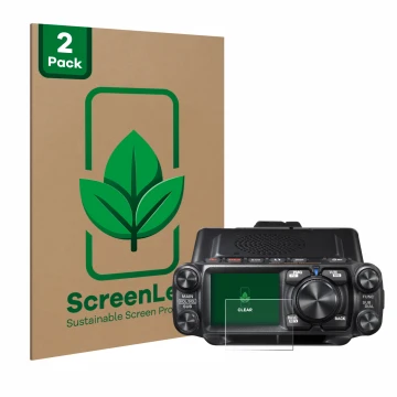 Parte frontal de un envase de producto con el logotipo de la marca ScreenLeaf. Al lado se muestra el dispositivo Yaesu FTM-500