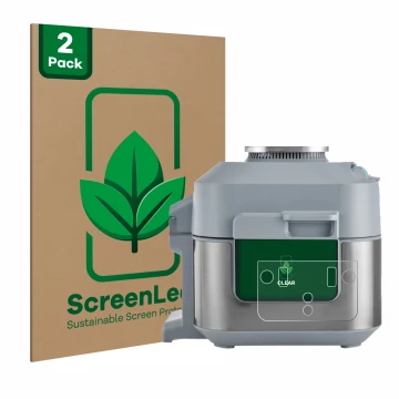 Parte frontal de un envase de producto con el logotipo de la marca ScreenLeaf. Al lado se muestra el dispositivo Ninja Speedi 