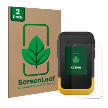 Parte frontal de un envase de producto con el logotipo de la marca ScreenLeaf. Al lado se muestra el dispositivo Garmin eTrex 