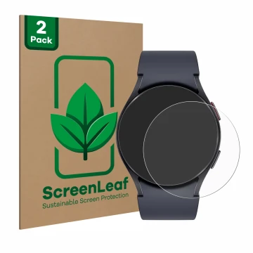 Parte frontal de un envase de producto con el logotipo de la marca ScreenLeaf. Al lado se muestra el dispositivo Samsung Galax