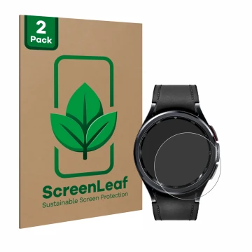 Parte frontal de un envase de producto con el logotipo de la marca ScreenLeaf. Al lado se muestra el dispositivo Samsung Galax
