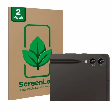 Parte frontal de un envase de producto con el logotipo de la marca ScreenLeaf. Al lado se muestra el dispositivo Samsung Galax
