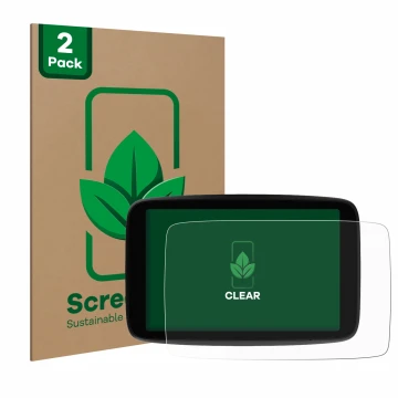 Parte frontal de un envase de producto con el logotipo de la marca ScreenLeaf. Al lado se muestra el dispositivo TomTom GO Exp