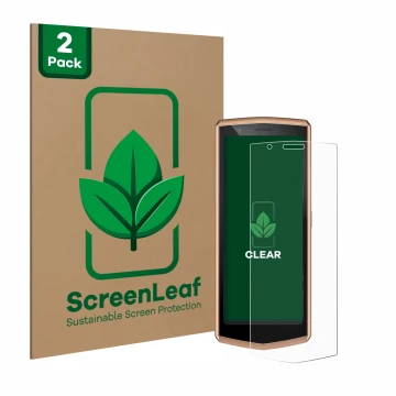 Parte frontal de un envase de producto con el logotipo de la marca ScreenLeaf. Al lado se muestra el dispositivo Cubot Pocket 