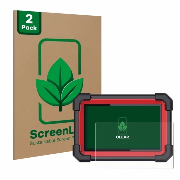 Parte frontal de un envase de producto con el logotipo de la marca ScreenLeaf. Al lado se muestra el dispositivo Launch X-431 