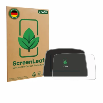 Parte frontal de un envase de producto con el logotipo de la marca ScreenLeaf. Al lado se muestra el dispositivo PowaKaddy C2i
