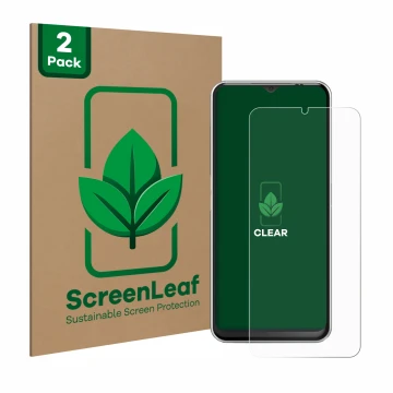 Parte frontal de un envase de producto con el logotipo de la marca ScreenLeaf. Al lado se muestra el dispositivo Emporia Smart