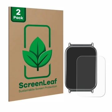 Parte frontal de un envase de producto con el logotipo de la marca ScreenLeaf. Al lado se muestra el dispositivo Xiaomi Mi Ban
