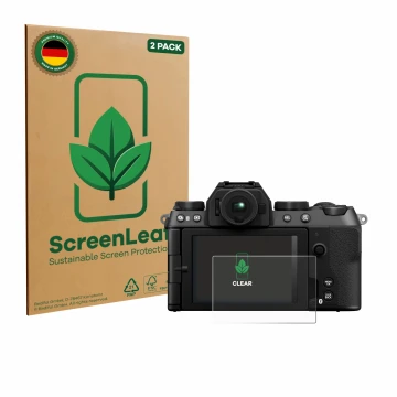 Parte frontal de un envase de producto con el logotipo de la marca ScreenLeaf. Al lado se muestra el dispositivo Fujifilm X-S2