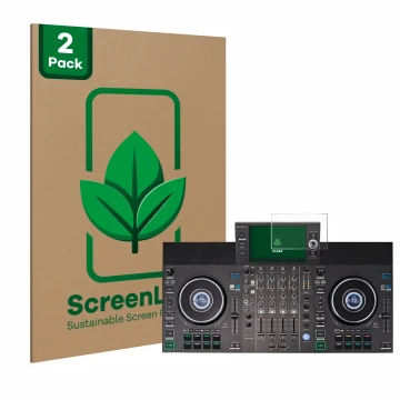 Parte frontal de un envase de producto con el logotipo de la marca ScreenLeaf. Al lado se muestra el dispositivo Denon DJ SC L