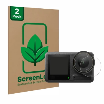 Parte frontal de un envase de producto con el logotipo de la marca ScreenLeaf. Al lado se muestra el dispositivo DJI Osmo Acti