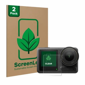 Parte frontal de un envase de producto con el logotipo de la marca ScreenLeaf. Al lado se muestra el dispositivo DJI Osmo Acti