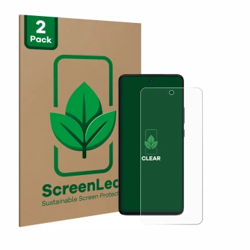 Parte frontal de un envase de producto con el logotipo de la marca ScreenLeaf. Al lado se muestra el dispositivo Motorola Moto