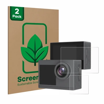 Parte frontal de un envase de producto con el logotipo de la marca ScreenLeaf. Al lado se muestra el dispositivo Akaso Brave 4