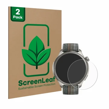 Parte frontal de un envase de producto con el logotipo de la marca ScreenLeaf. Al lado se muestra el dispositivo Huami Amazfit
