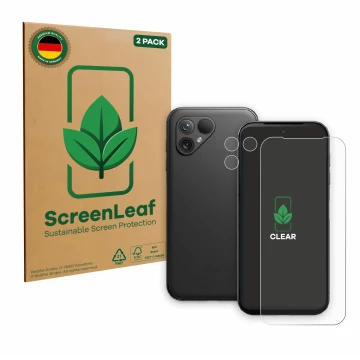 Parte frontal de un envase de producto con el logotipo de la marca ScreenLeaf. Al lado se muestra el dispositivo Fairphone 5 (