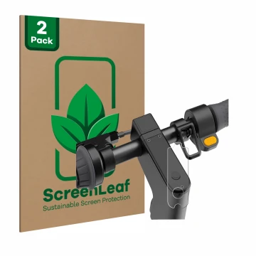 Parte frontal de un envase de producto con el logotipo de la marca ScreenLeaf. Al lado se muestra el dispositivo Segway Ninebo