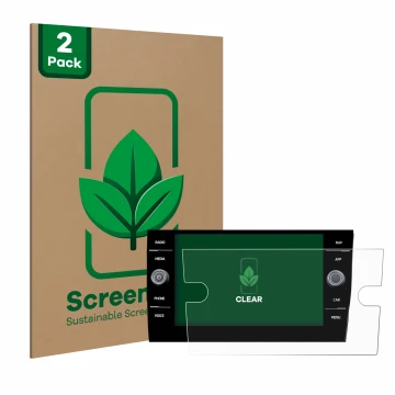 Parte frontal de un envase de producto con el logotipo de la marca ScreenLeaf. Al lado se muestra el dispositivo Volkswagen Ta