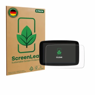 Parte frontal de un envase de producto con el logotipo de la marca ScreenLeaf. Al lado se muestra el dispositivo TomTom GO Sup
