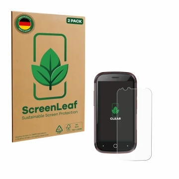 Parte frontal de un envase de producto con el logotipo de la marca ScreenLeaf. Al lado se muestra el dispositivo Unihertz Jell
