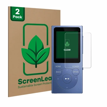 Parte frontal de un envase de producto con el logotipo de la marca ScreenLeaf. Al lado se muestra el dispositivo Sony Walkman 