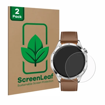 Parte frontal de un envase de producto con el logotipo de la marca ScreenLeaf. Al lado se muestra el dispositivo Huawei Watch 