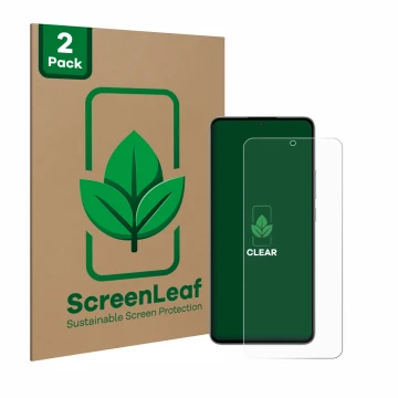 Parte frontal de un envase de producto con el logotipo de la marca ScreenLeaf. Al lado se muestra el dispositivo Xiaomi 13T Pr