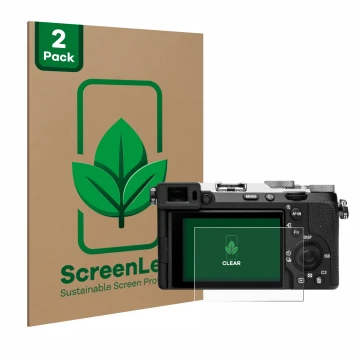 Parte frontal de un envase de producto con el logotipo de la marca ScreenLeaf. Al lado se muestra el dispositivo Sony Alpha 7C