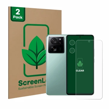Parte frontal de un envase de producto con el logotipo de la marca ScreenLeaf. Al lado se muestra el dispositivo Xiaomi 13T Pr