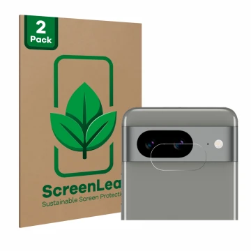 Parte frontal de un envase de producto con el logotipo de la marca ScreenLeaf. Al lado se muestra el dispositivo Google Pixel 