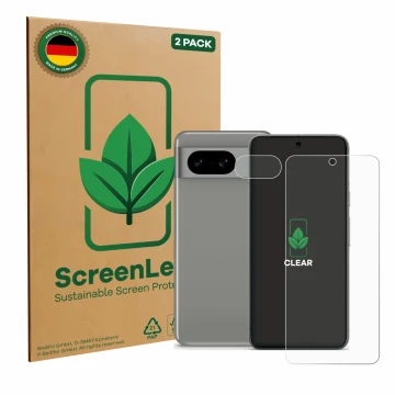 Parte frontal de un envase de producto con el logotipo de la marca ScreenLeaf. Al lado se muestra el dispositivo Google Pixel 