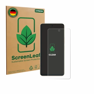 Parte frontal de un envase de producto con el logotipo de la marca ScreenLeaf. Al lado se muestra el dispositivo Vivo Y36 con 