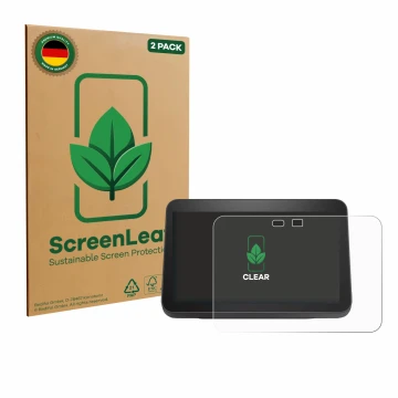 Parte frontal de un envase de producto con el logotipo de la marca ScreenLeaf. Al lado se muestra el dispositivo Amazon Echo S