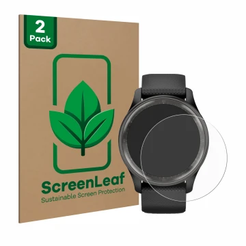 Parte frontal de un envase de producto con el logotipo de la marca ScreenLeaf. Al lado se muestra el dispositivo Garmin Vivomo