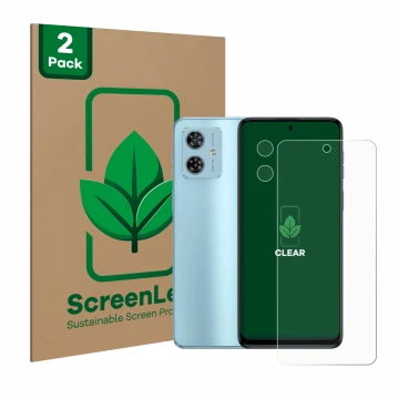Parte frontal de un envase de producto con el logotipo de la marca ScreenLeaf. Al lado se muestra el dispositivo Motorola Moto