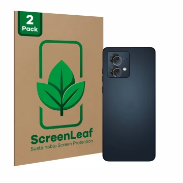 Parte frontal de un envase de producto con el logotipo de la marca ScreenLeaf. Al lado se muestra el dispositivo Motorola Moto