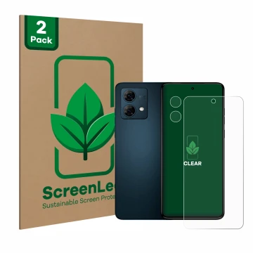 Parte frontal de un envase de producto con el logotipo de la marca ScreenLeaf. Al lado se muestra el dispositivo Motorola Moto