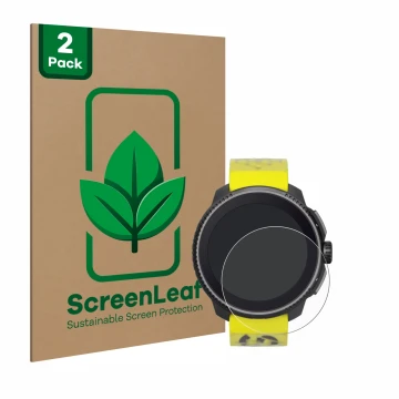 Parte frontal de un envase de producto con el logotipo de la marca ScreenLeaf. Al lado se muestra el dispositivo Suunto Race c