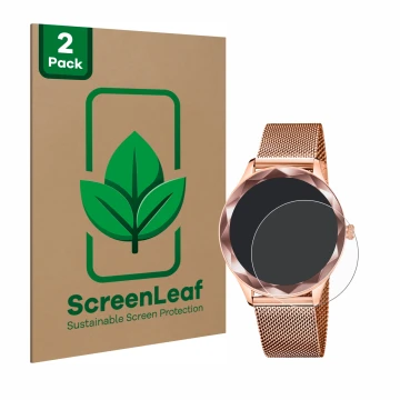 Parte frontal de un envase de producto con el logotipo de la marca ScreenLeaf. Al lado se muestra el dispositivo Lotus SMARTIM