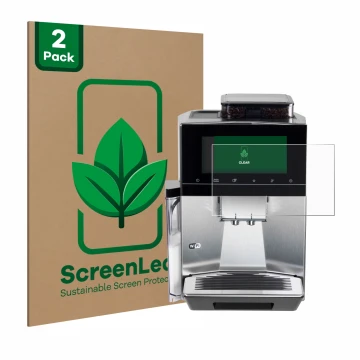 Parte frontal de un envase de producto con el logotipo de la marca ScreenLeaf. Al lado se muestra el dispositivo Siemens EQ900