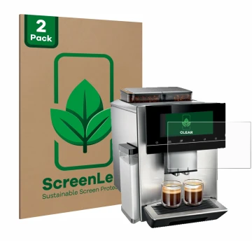 Parte frontal de un envase de producto con el logotipo de la marca ScreenLeaf. Al lado se muestra el dispositivo Siemens EQ900