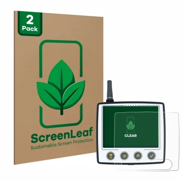 Parte frontal de un envase de producto con el logotipo de la marca ScreenLeaf. Al lado se muestra el dispositivo Skytraxx 5 co