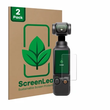 Parte frontal de un envase de producto con el logotipo de la marca ScreenLeaf. Al lado se muestra el dispositivo DJI Osmo Pock