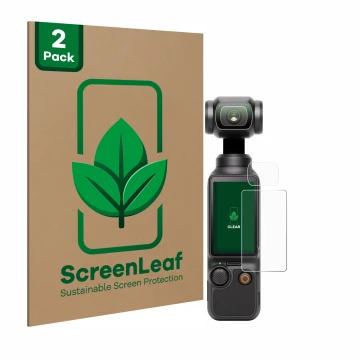 Parte frontal de un envase de producto con el logotipo de la marca ScreenLeaf. Al lado se muestra el dispositivo DJI Osmo Pock