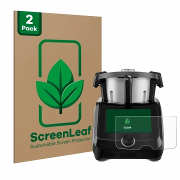 Parte frontal de un envase de producto con el logotipo de la marca ScreenLeaf. Al lado se muestra el dispositivo SilverCrest M