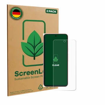 Parte frontal de un envase de producto con el logotipo de la marca ScreenLeaf. Al lado se muestra el dispositivo Google Pixel 