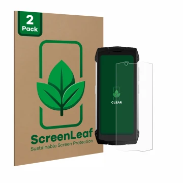 Parte frontal de un envase de producto con el logotipo de la marca ScreenLeaf. Al lado se muestra el dispositivo Doogee S Mini