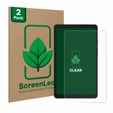 Parte frontal de un envase de producto con el logotipo de la marca ScreenLeaf. Al lado se muestra el dispositivo Samsung Galax