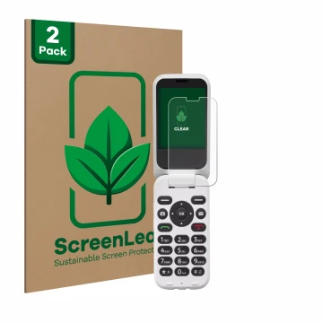 Parte frontal de un envase de producto con el logotipo de la marca ScreenLeaf. Al lado se muestra el dispositivo Doro 6820 con