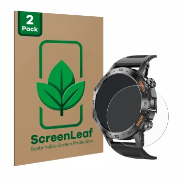 Parte frontal de un envase de producto con el logotipo de la marca ScreenLeaf. Al lado se muestra el dispositivo Lemfo Smartwa